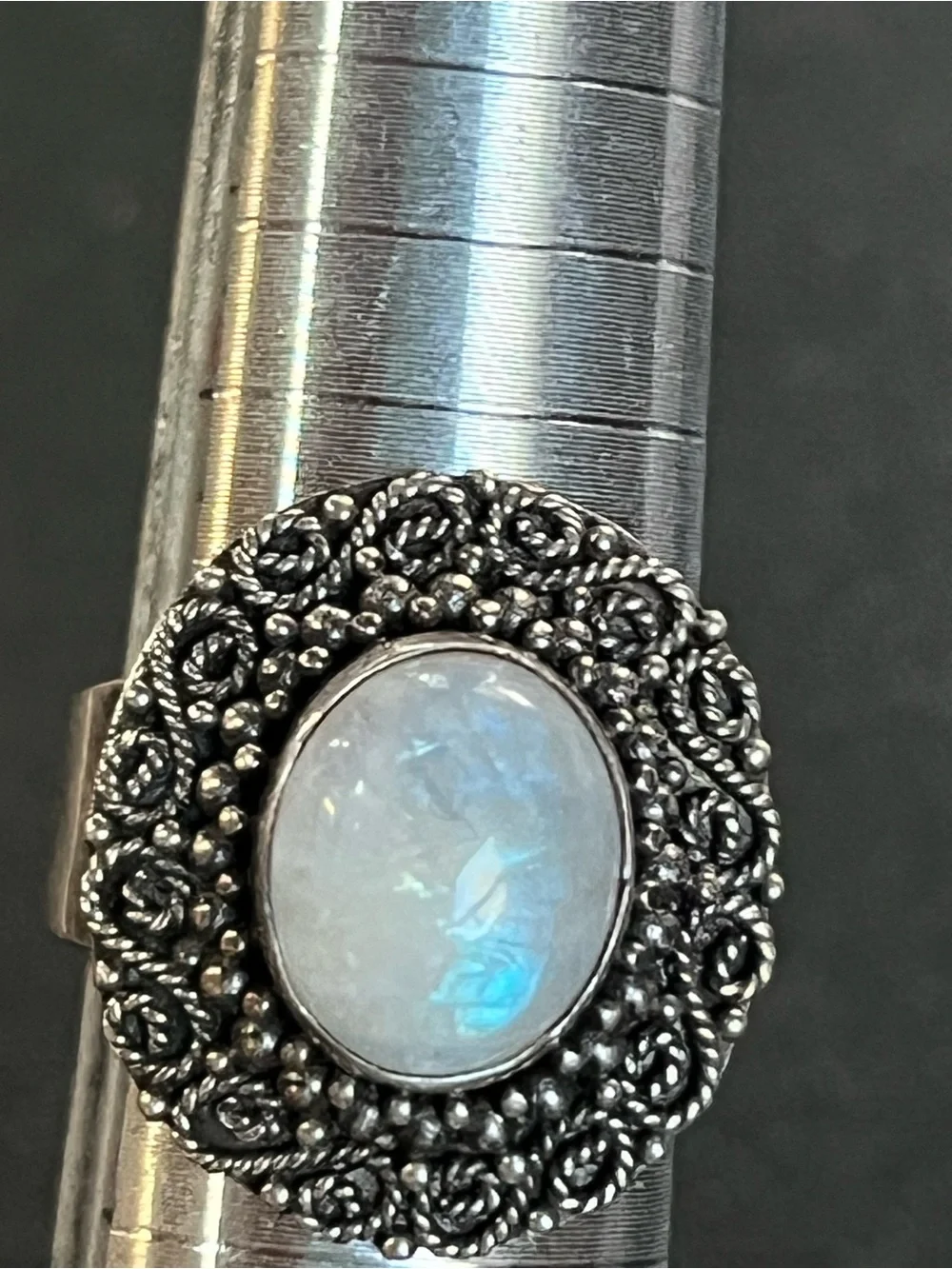 Sterling Silver Moonstone Beaded Halo Ring -Blue flash. See description